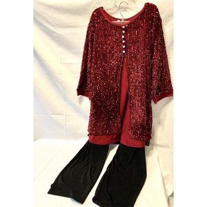 Vtg Spitfire Party Outfit Dark Red Sequined Top Black Stretch Waist Pants 2XL